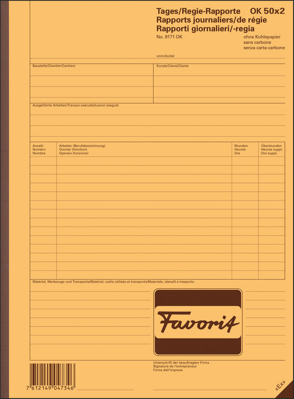 Favorit Formularblock – Tages/Regie-Rapporte, mehrsprachig, 50 Blatt, A4