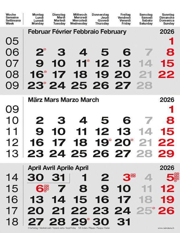 Calendaria 3-Monats-Kalender – 3 Monate pro Blatt – 2026 – Datumsschieber, Spiralbindung – 31 × 40 cm