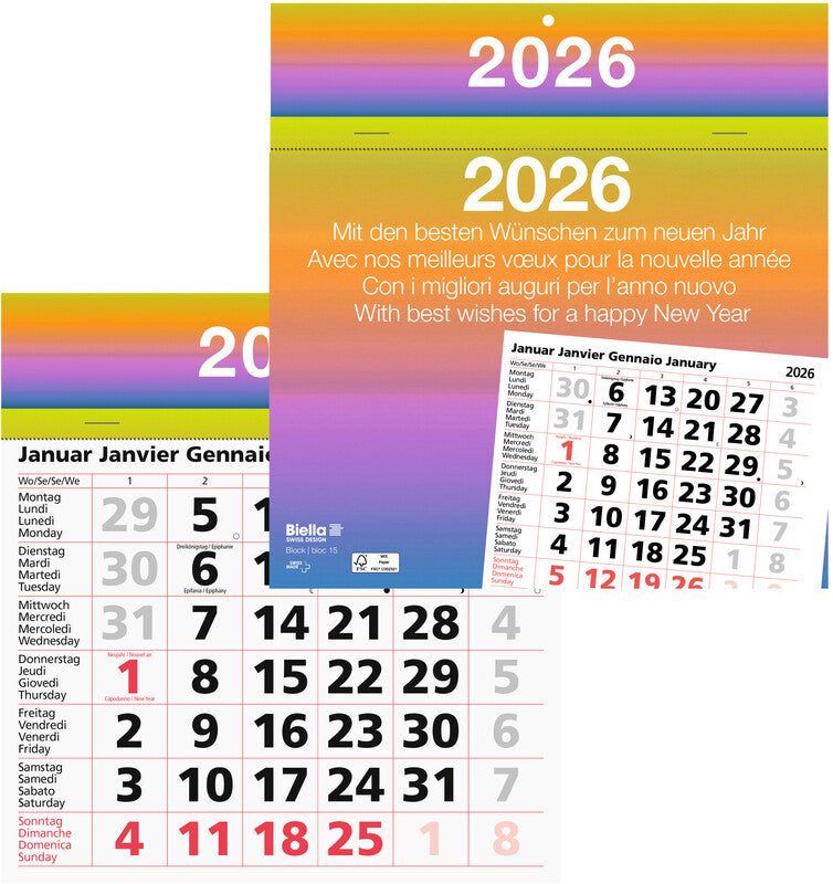 Biella Abreisskalender 1 Monat/Blatt Block 15 – viersprachig d/f/i/gb – 2026 – 16,7 × 19,8 cm