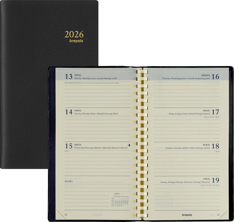 Brepols Interplan 736 Agenda – 1 Woche/2 Seiten, Spiralbindung, 9 × 16 cm, 2026, mehrsprachig, schwarz, FSC