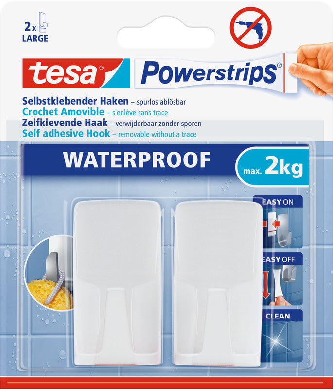 tesa Powerstrips Waterproof Wave Handtuchhaken – Klebemontage – 3,2 × 6,0 × 2,0 cm – Weiss – Kunststoff