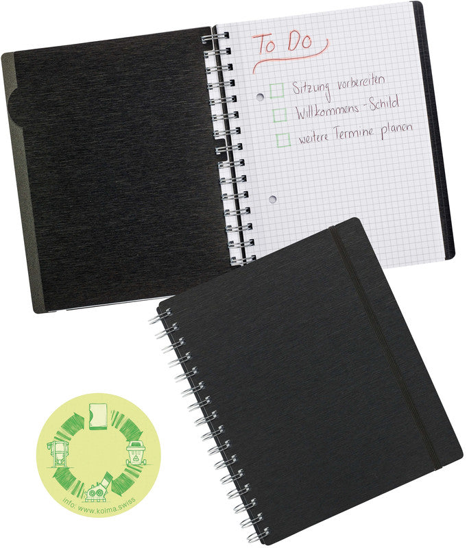Kolma Notizbuch A5, kariert, Spiralbindung, 200 Seiten, 2-fach gelocht, perforiert, 70 g/m² – schwarz