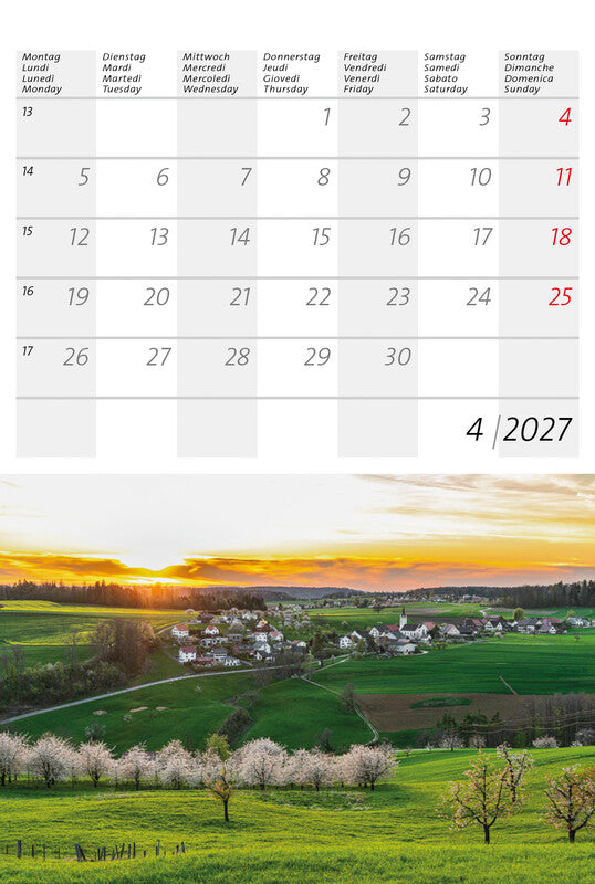 Calendaria Kleiner Schweizer – Bildkalender Schweiz 2027 – 14,8 × 22 cm – Kalendarium d/f/i/e – 12 Postkarten