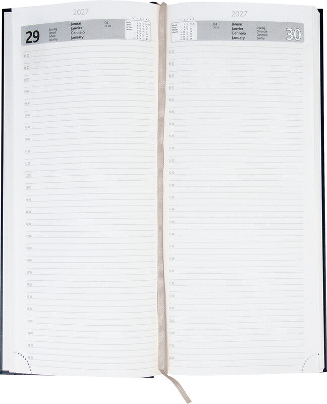 Simplex Agenda – 1 Tag pro Seite, gebunden, 13,5 × 31,5 cm, 2026, 1/2-Stunden-Takt, Blau, FSC