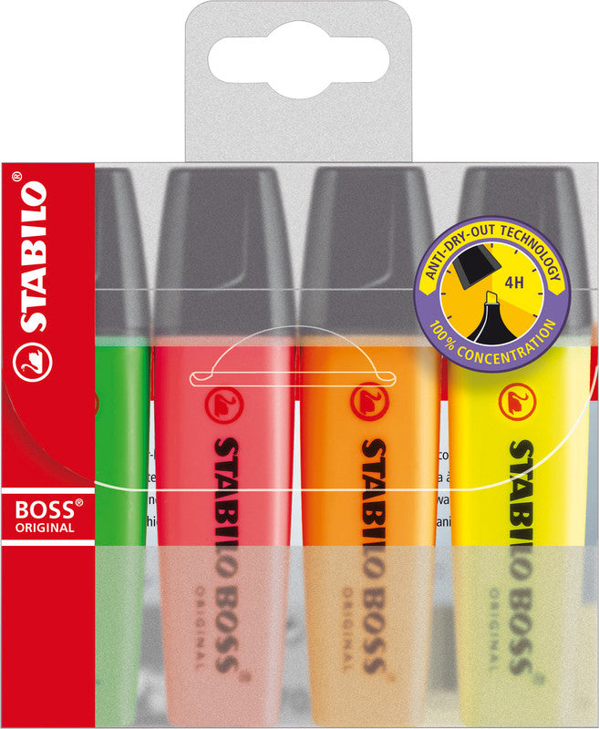 STABILO BOSS Original Textmarker Set 4 Farben – Keilspitze, 2–5 mm, nachfüllbar