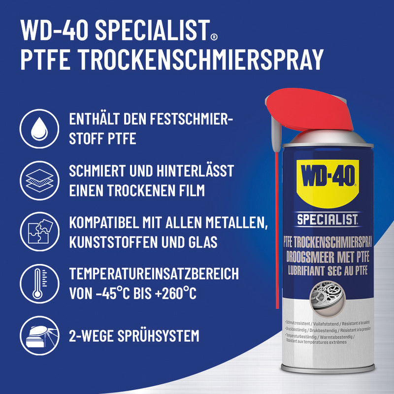 WD-40 PTFE-Trockenschmierspray – Transparent, für Metall, Glas, Kunststoff, 400 ml, −45 bis +260 °C
