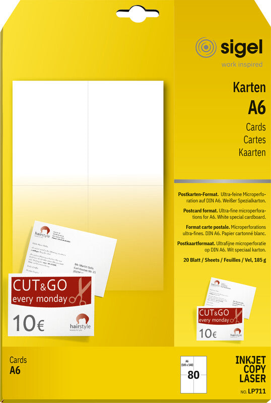 Sigel Postkarten A6 (105 × 148 mm), 185 g/m², weiss – für Inkjet, Laser, Kopierer