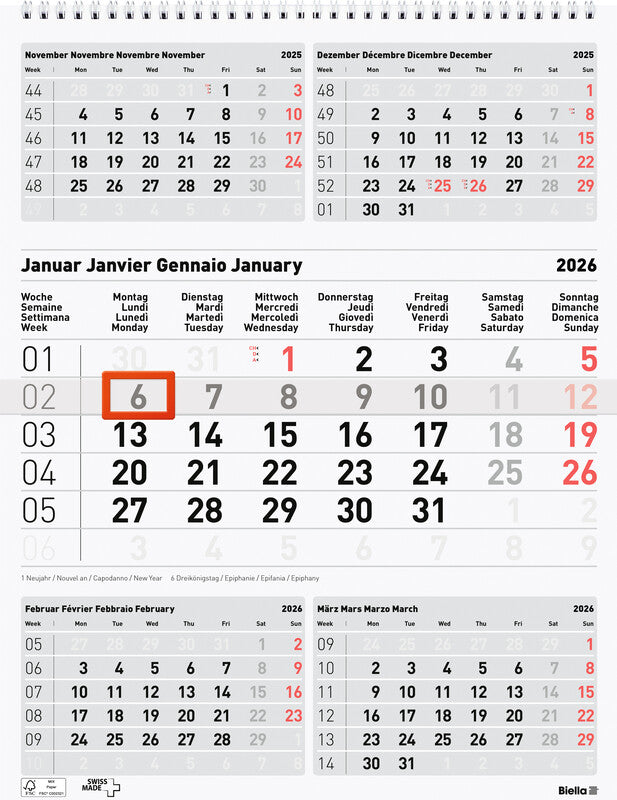 Biella 5-Monats-Kalender – 5 Monate pro Blatt – viersprachig D/F/I/GB – 2026 – Datumsschieber, Spiralbindung – 31