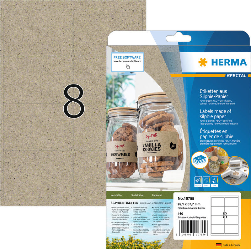HERMA Druckeretiketten, 99 mm × 68 mm, braun, Papier, permanent, 20 Blatt (160 Etiketten)