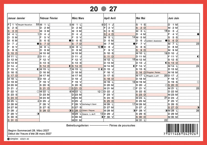 Simplex Tafelkalender – zweisprachig D/F – 2027 – zweiseitig – 14,8 × 21 cm