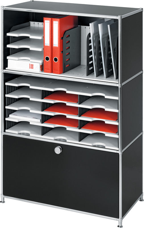 Styro Briefkorb – mit Griffausschnitt, mit Beschriftungsfeld, schwarz/grau, B 723 × H 293 × T 331 mm