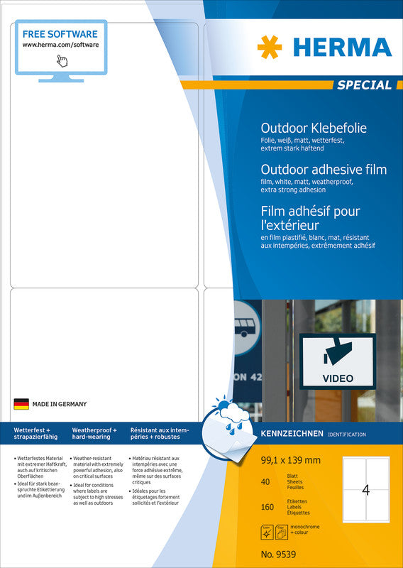 HERMA Drucketiketten, 99 mm × 139 mm, weiss, Folie, extra stark, 40 Blätter (160 Etiketten)