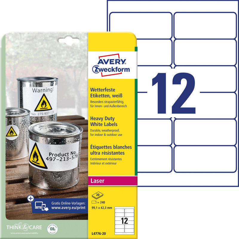 Avery Druckeretiketten (Bogen), 99 mm × 42 mm, weiss, PES-Folie, extra stark, 240 Etiketten (20 Blatt)