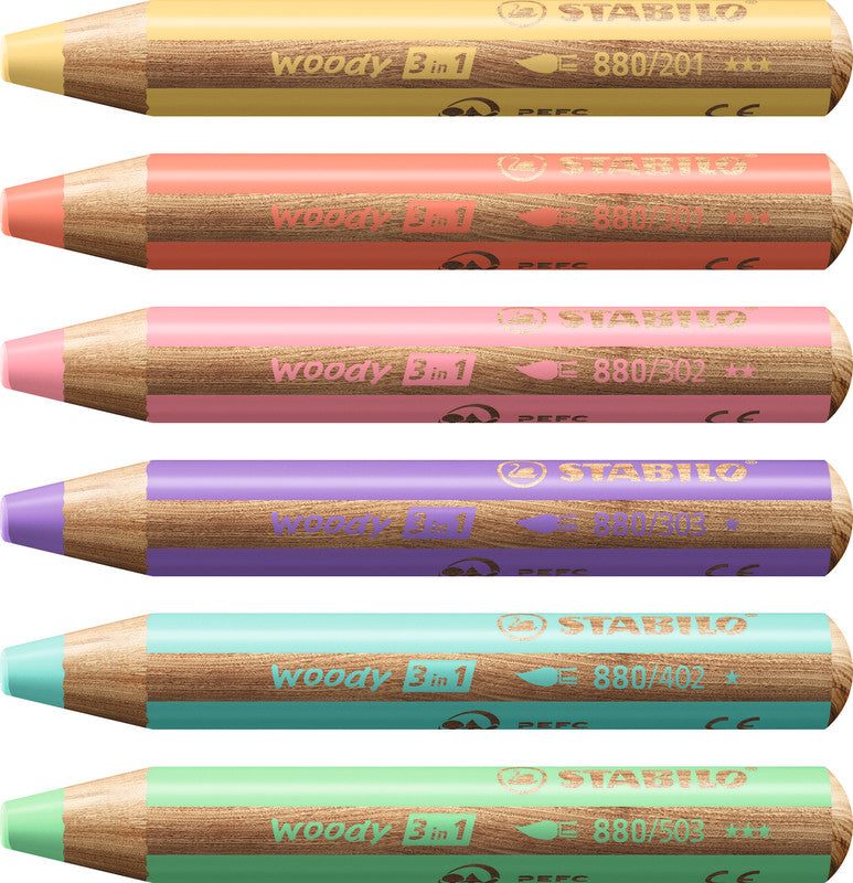 STABILO 3-in-1 Farbstifte woody – 18 Pastellfarben, im Kartonetui, mit Spitzer und Pinsel, Ø 4,2 mm, PEFC