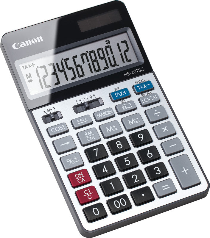 Canon Tischrechner HS-20TSC – 12-stellig, LCD, Steuer/Währung, Solar + Batterie, 108×180×26 mm