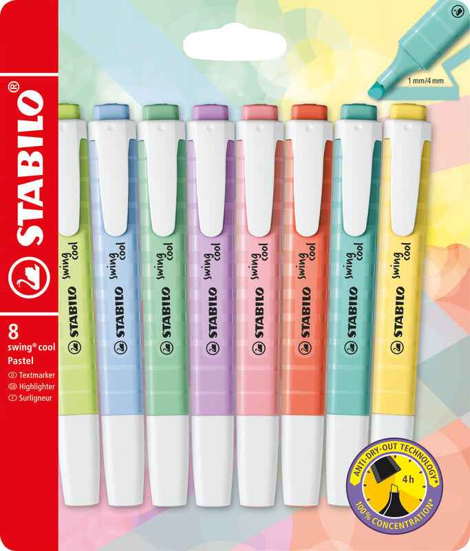 STABILO Textmarker – 8er Set, Farben: Gelb/Türkis/Korallenrot …, Keilspitze 1–4 mm