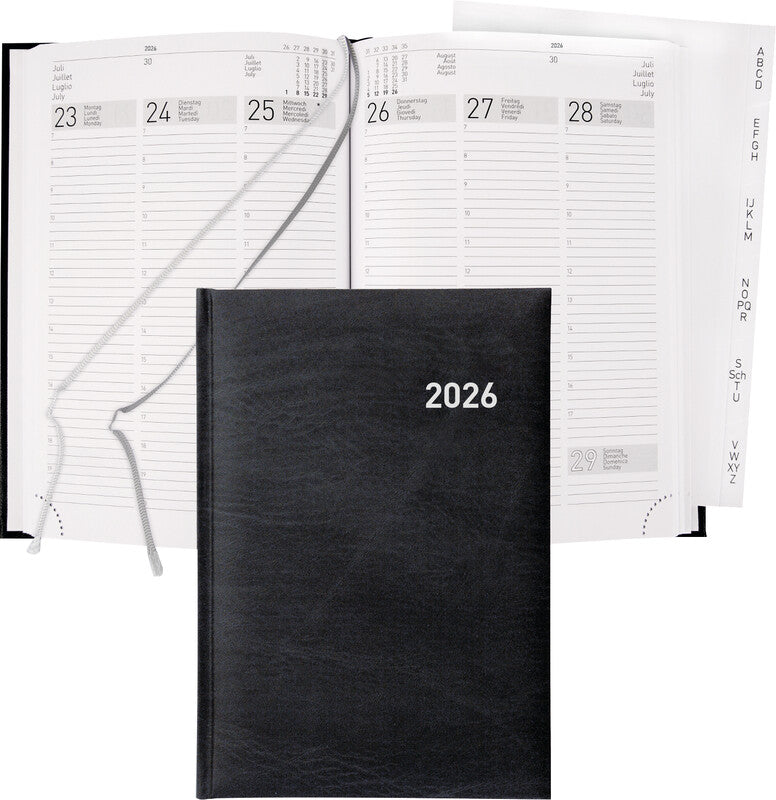 Biella Terminia Agenda – 1 Woche/2 Seiten, gebunden, 14,5 × 20,5 cm, 2026, 1-h-Takt, schwarz, FSC