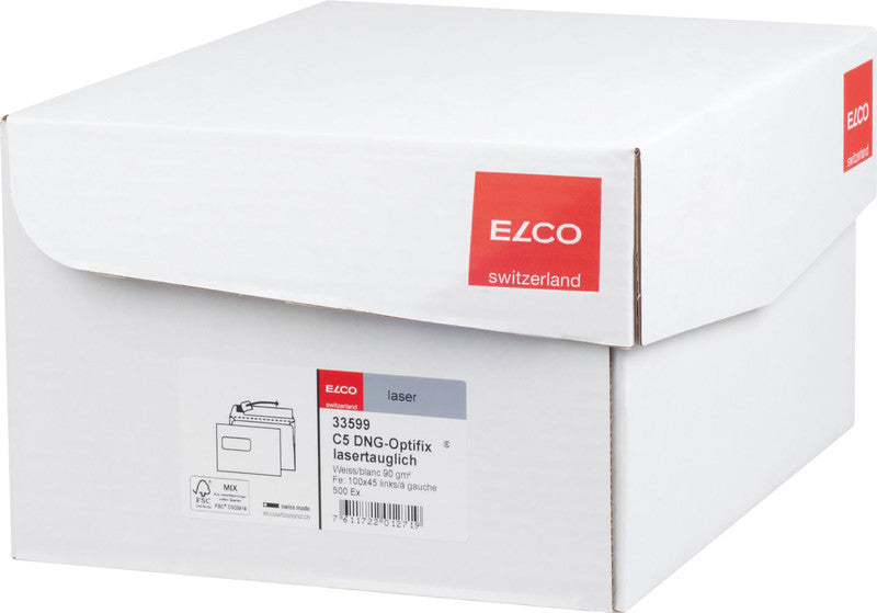 Elco Couvert C5 (229 × 162 mm), mit Fenster, haftklebend (Optifix), hochweiss, 100 g/m² – 500 Stk.