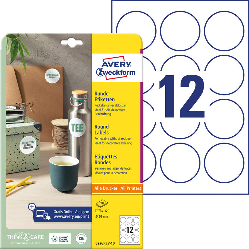 Avery Druckeretiketten, Ø 60 mm, weiss, Papier, wiederablösbar, 10 Blatt (120 Etiketten)