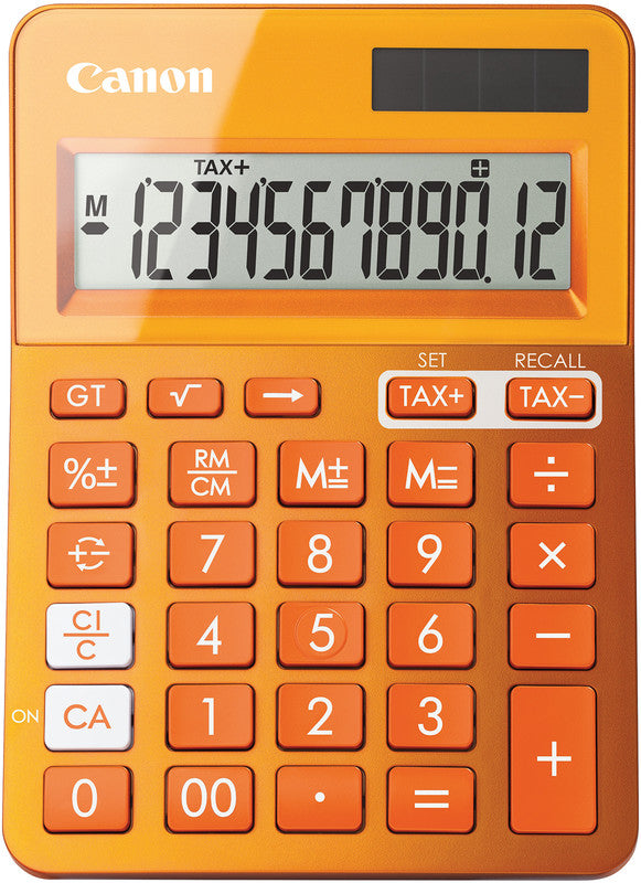 Canon Tischrechner LS-123K – 12-stellig, LCD, Prozent/Korrektur, Solar + Batterie, Orange, 104×145×25 mm