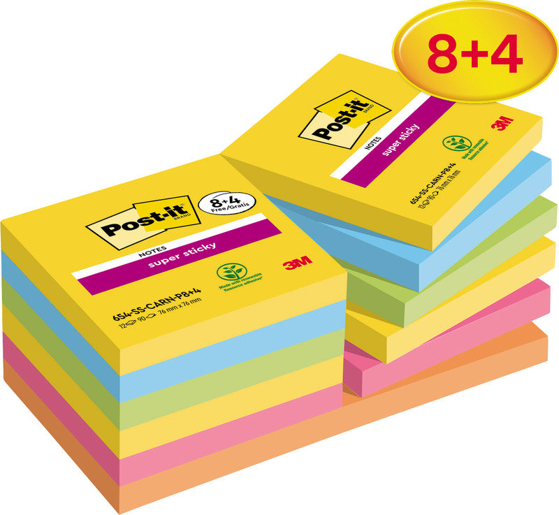 Post-it Haftnotizen Super Sticky – 76×76 mm – sortiert, 12×90 Blatt, PEFC