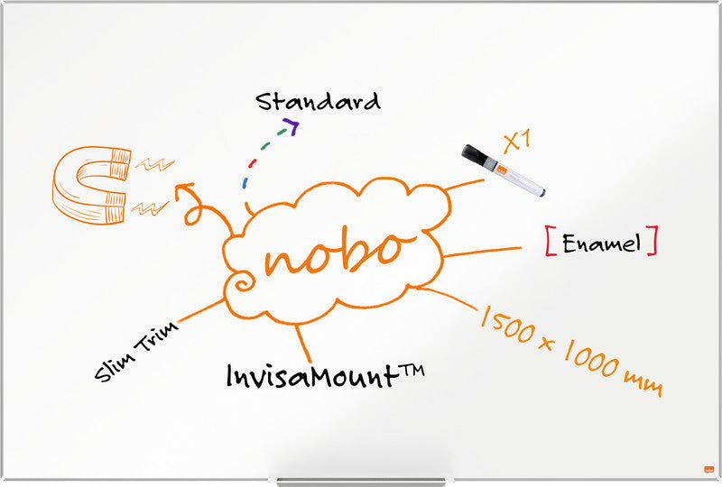 Nobo Whiteboard – 150 × 100 cm, Emaille, magnetisch, Aluminiumrahmen, Wandmontage