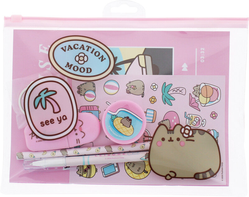 Pusheen Schreibset – 7-teilig – mit Kugelschreiber, Bleistift, Textmarker – im Etui – mehrfarbig
