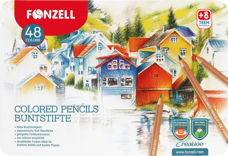 Fonzell Creative Farbstifte-Set – 48 Farben, rund, Mine Ø 3,3 mm, Metallschachtel