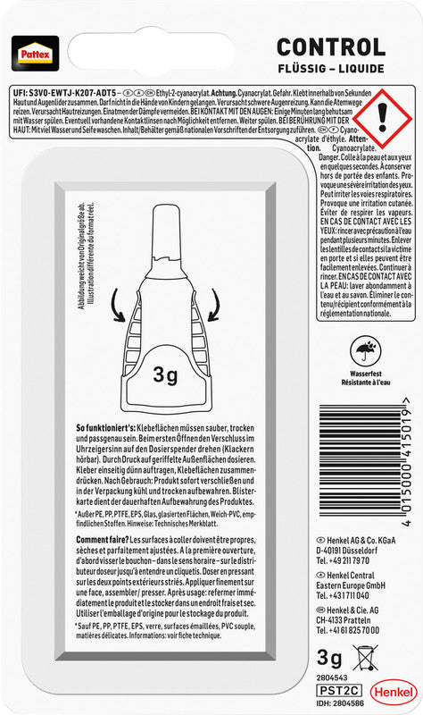 Pattex Sekundenkleber – Dosierspender, permanent, transparent, lösemittelfrei, wasserfest, 3 g