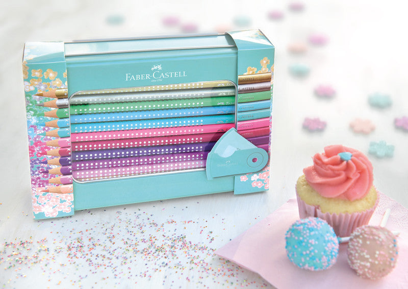 Faber-Castell Aquarellfarbstifte Grip Sparkle – 20 Farben, im Metalletui, mit Spitzer, Ø 3 mm, dreikantig, FSC