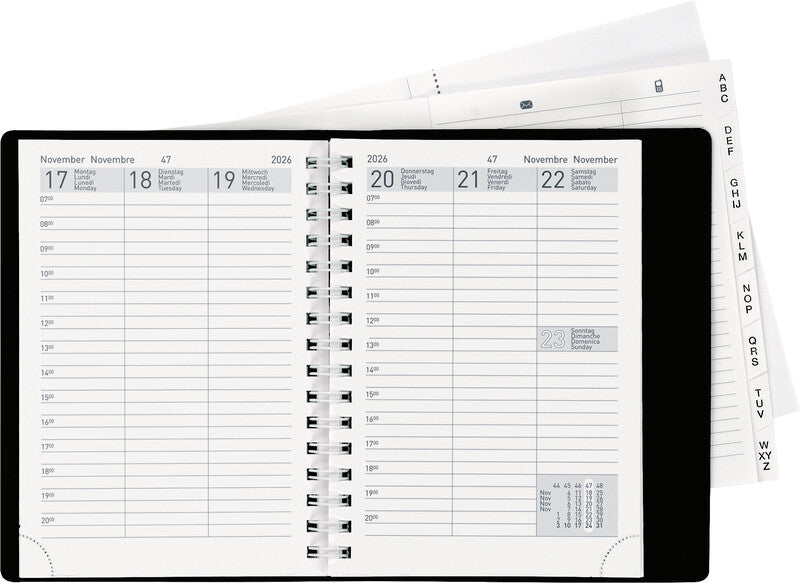 Biella Rex Agenda – 1 Woche/2 Seiten, Spiralbindung, 10,1 × 14,2 cm, 2026, mehrsprachig, schwarz, FSC