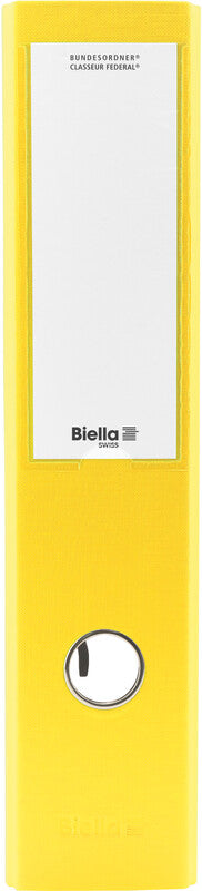 Biella Ordner – A4 hoch – 2-Ring Hebelmechanik, Rücken 70 mm – gelb, mit Niederhalter, mit Griffloch, FSC