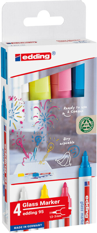 Edding Non-Permanent-Marker Glasboard 95 – Rundspitze 1,5-3 mm – Sortiert – 4er-Set – Trocken abwischbar