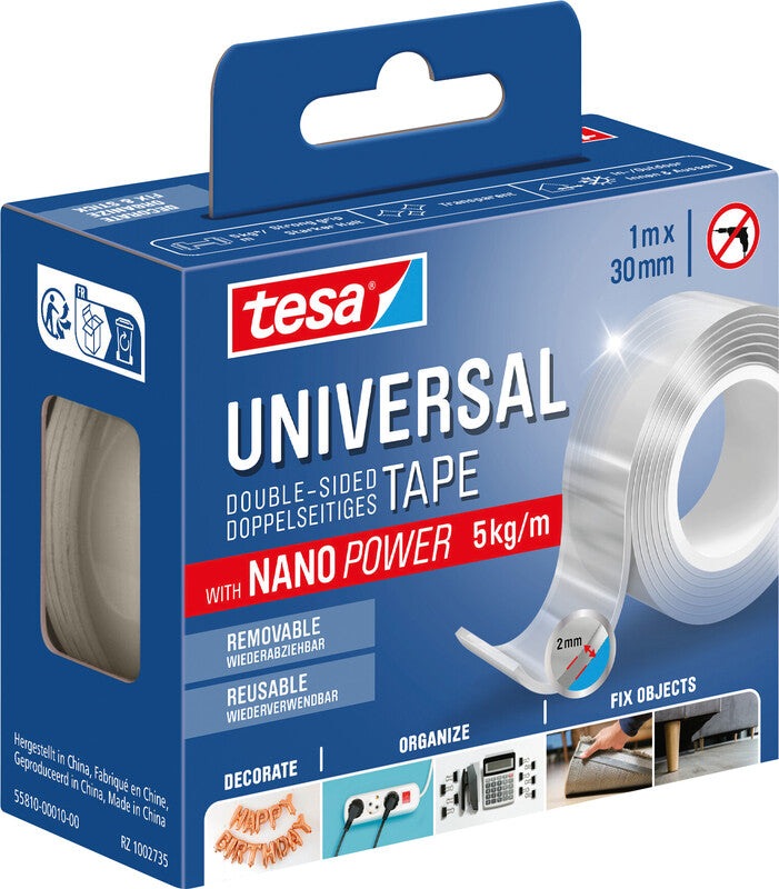 TESA Doppelseitiges Klebeband – 30 mm × 1 m, transparent, Kunststoff, wiederablösbar, wiederverwendbar