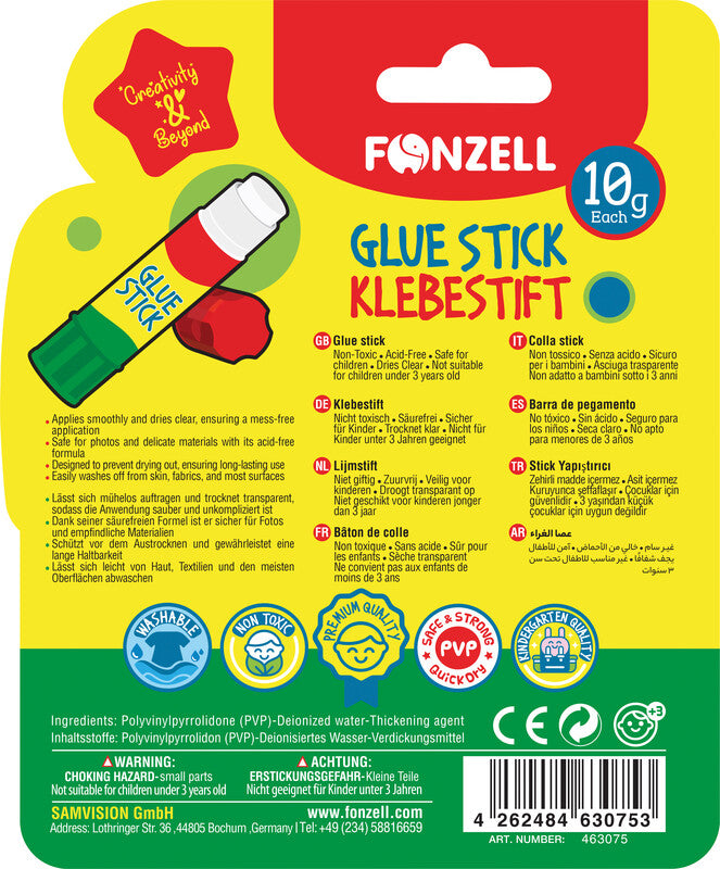 Fonzell Klebestift – permanent, transparent, lösemittelfrei, 10 g, für Papier, Fotos, Stoff und mehr