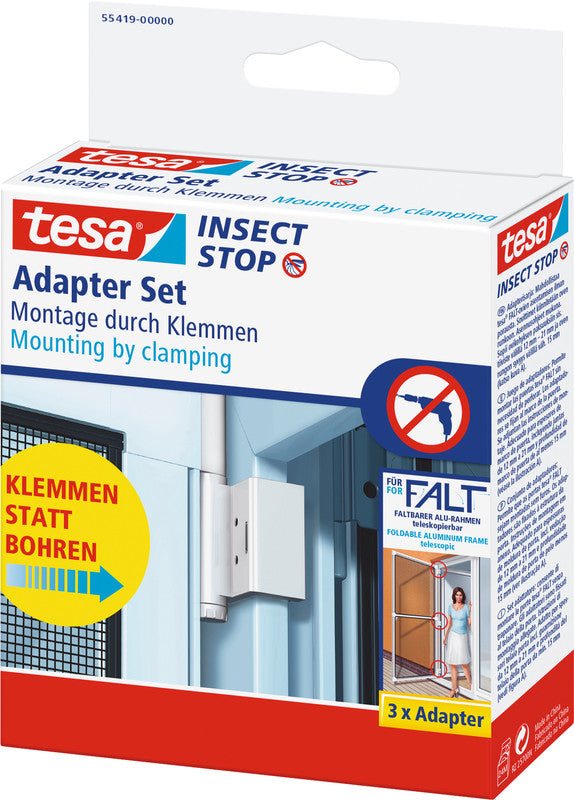 tesa Klemmadapter-Set – für Fliegengitter, faltbar, Tür – 3er-Set – Weiss
