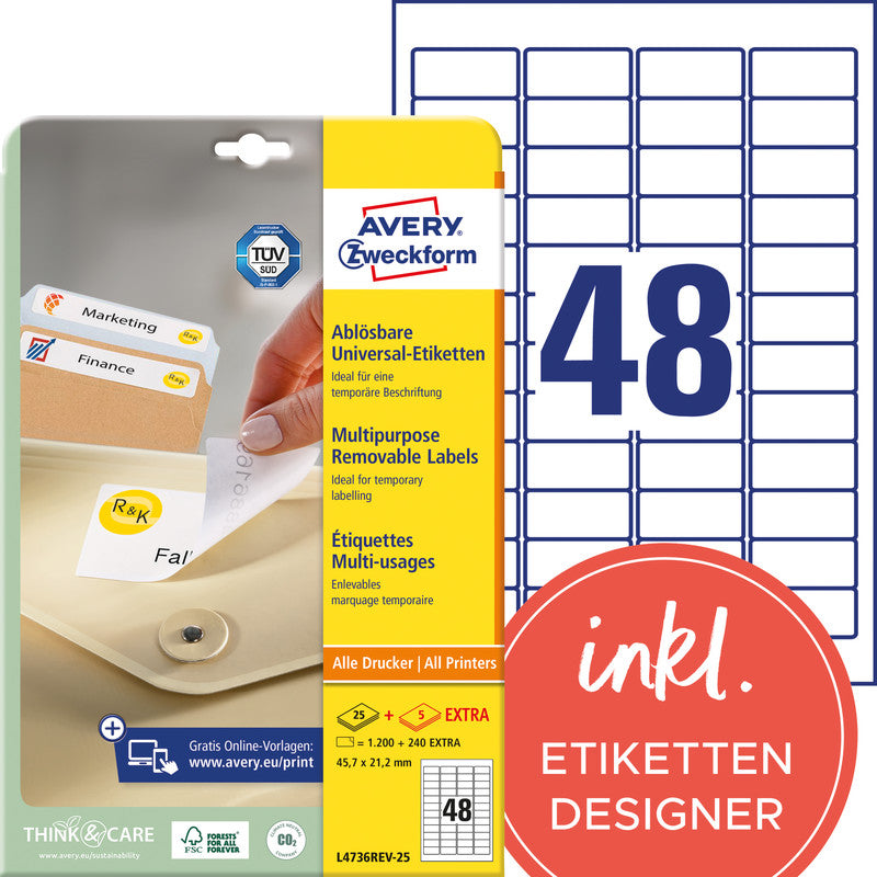 Avery Drucketiketten, 46 mm × 21 mm, weiss, Papier, wiederablösbar, 30 Blätter (1'440 Etiketten)