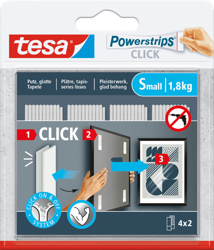 Tesa Montageband Powerstrips Click, für glatte Oberflächen – 20 mm × 0,06 m, weiss, bis 1,8 kg