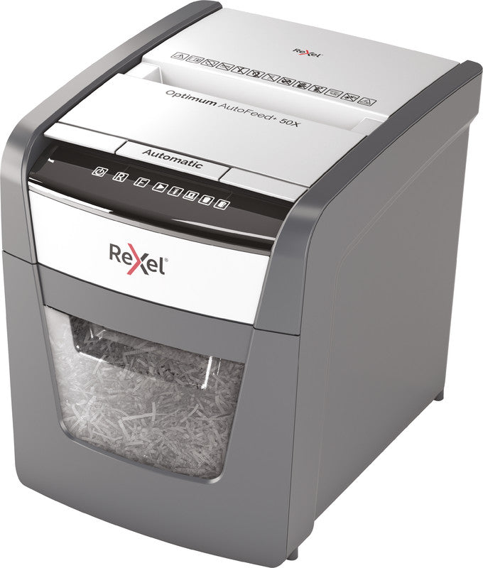 Rexel Optimum AutoFeed+ 50X – Aktenvernichter mit Autofeed 50 Blatt, DIN P-4, Partikelschnitt 4 × 28 mm, 20 l