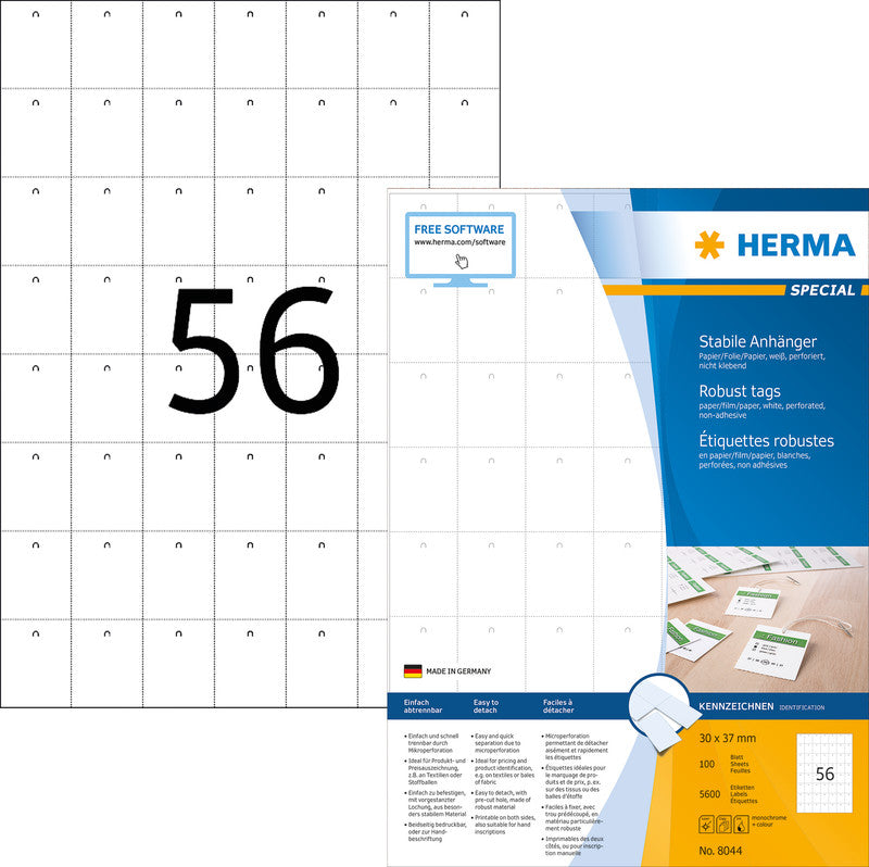 HERMA Anhänger (mit Loch) – 30 × 37 mm – Papier/Folie/Papier, weiss – perforiert – 5'600 Stück (100 Blatt)
