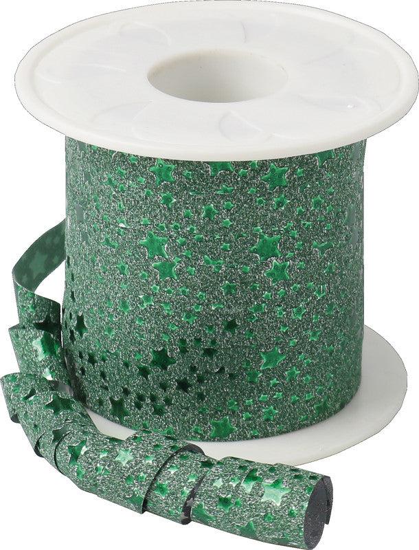 Präsent Geschenkband – Glitter Star, Weihnachten – 10 mm × 100 m – grün