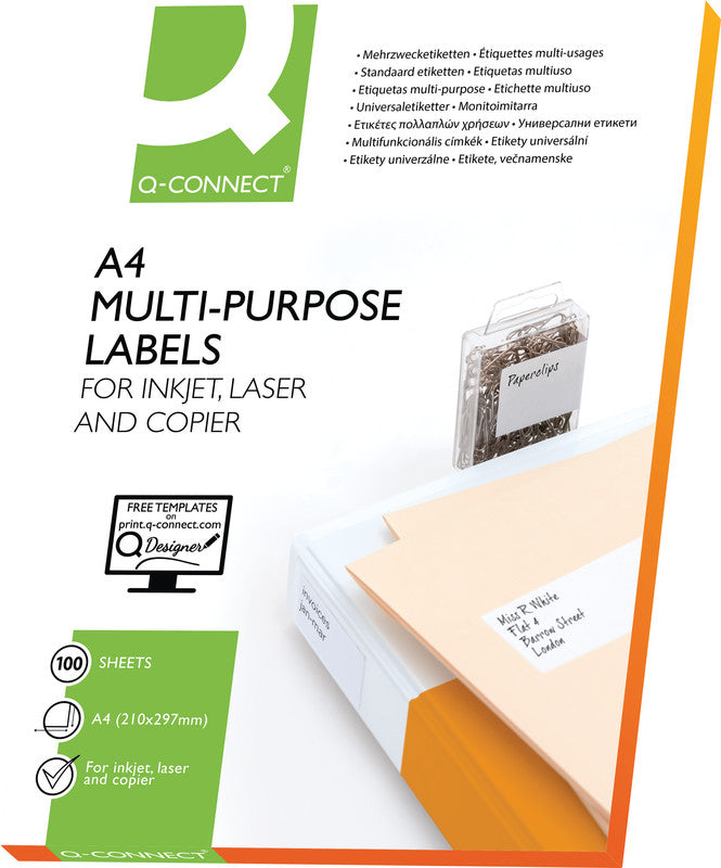 Q-Connect – Etiketten, 70 mm × 37 mm, weiss, Papier, permanent, 100 Blatt (2'400 Etiketten)