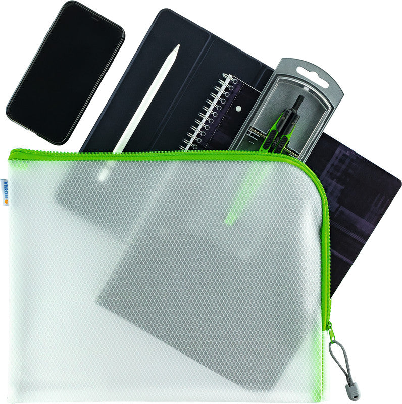 HERMA Reissverschlusstasche Etui – Grün – Kunststoff – 36 × 28 × 0,7 cm