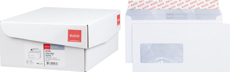 Elco Couvert C5/6, Fenster links, Haftklebung, hochweiss, 100 g/m², mit Innendruck – 500 Stk.