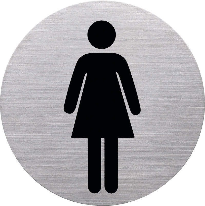 Helit Piktogramm WC Damen, mehrsprachig – Ø 115 mm, Edelstahl, silber, selbstklebend, 1 Stück