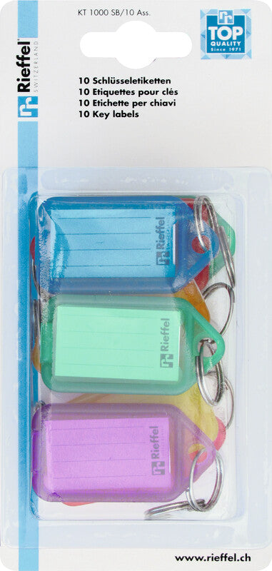 Rieffel Schlüsselschild – assortiert, Polypropylen, Beschriftungsfeld 38 × 22 mm, mit Ring, 10 Stk.