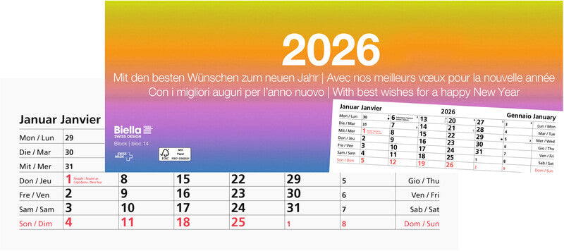 Biella Abreisskalender – 1 Monat pro Blatt – viersprachig DE/FR/IT/GB – 2026 – perforiert – 24 × 9 cm