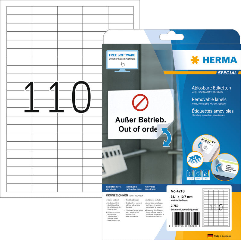 HERMA Druckeretiketten, 38 mm × 13 mm, weiss, Papier, ablösbar, 25 Blätter (2750 Etiketten)