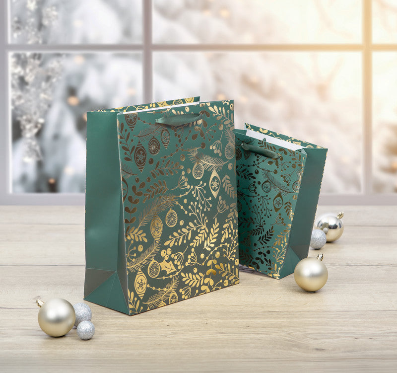 Sigel Tragetasche – Goldene Ornamente auf grünem Grund – Kraftpapier, FSC – 260 × 320 × 100 mm