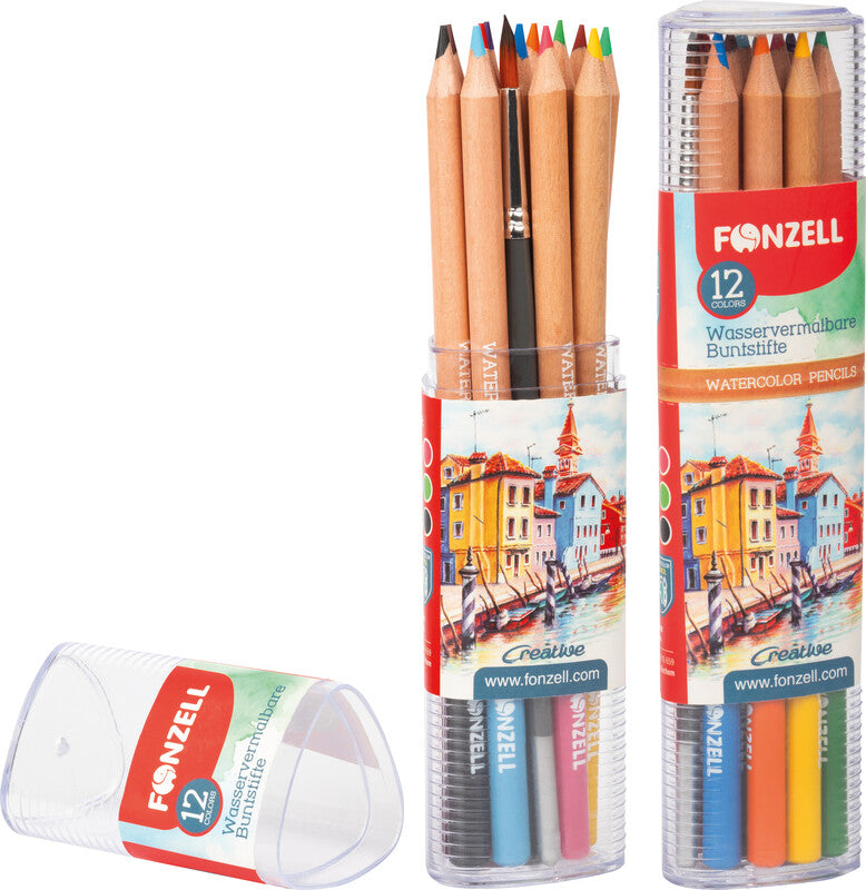 Fonzell Creative Aquarellfarbstifte-Set – 12 Farben, rund, Mine Ø 3,3 mm, mit Pinsel, Dreiecksetui